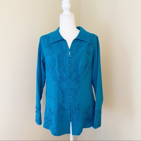 Soft Surroundings Embroidered Button Front Teal Top - M - Picture 1 of 13
